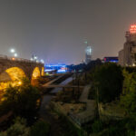 Mill Ruins Park near downtown Minneapolis with Canadian wildfire smoke.
