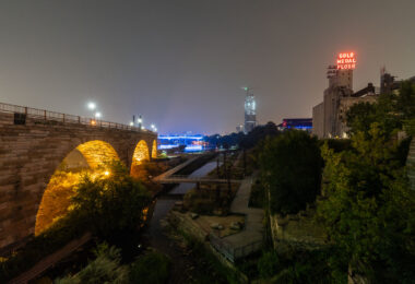 Mill Ruins Park near downtown Minneapolis with Canadian wildfire smoke.