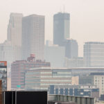 Smoke in Minneapolis from the Canadian wildfires makes the view of downtown hazy. Seen from Minneapolis North Loop.