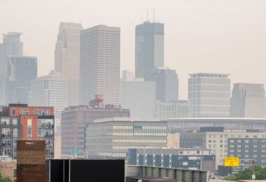 Smoke in Minneapolis from the Canadian wildfires makes the view of downtown hazy. Seen from Minneapolis North Loop.