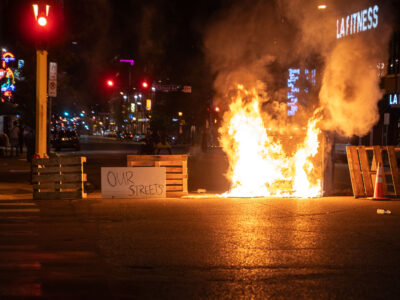 Minneapolis Uptown: Fire barricade on street near LA Fitness