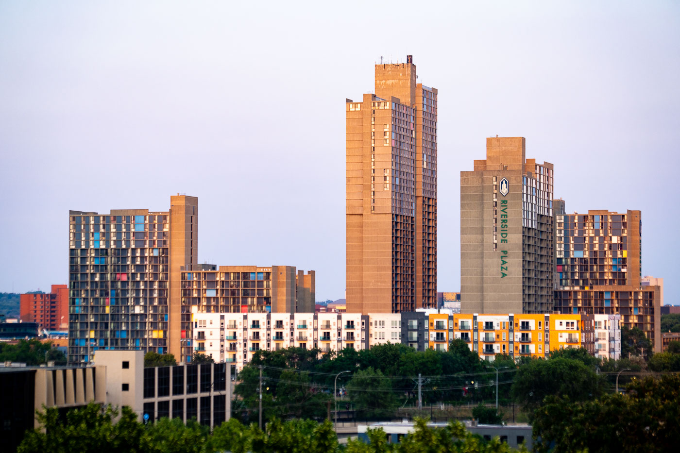 Riverside Plaza and Cedar Riverside Towers at Dusk