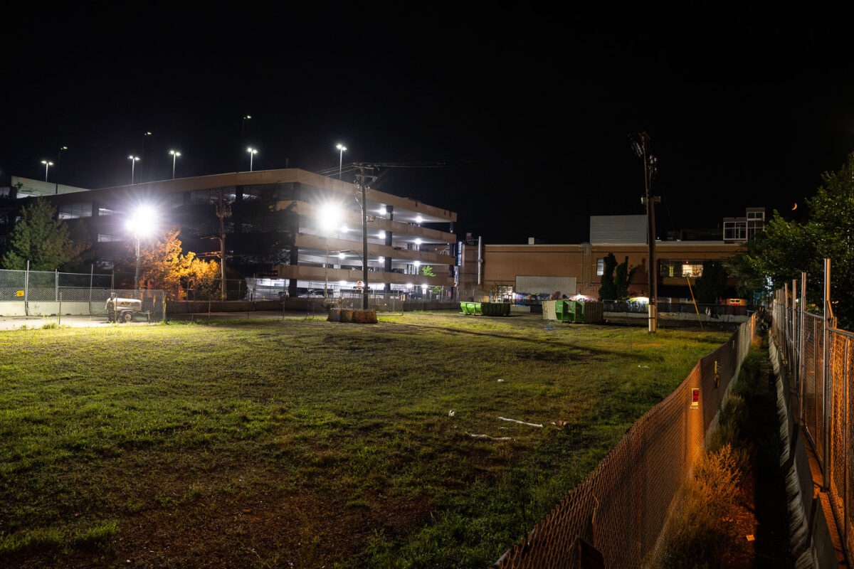 Security lighting outside the parking ramp that Winston Smith was killed at.