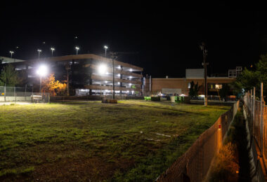 Security lighting outside the parking ramp that Winston Smith was killed at.