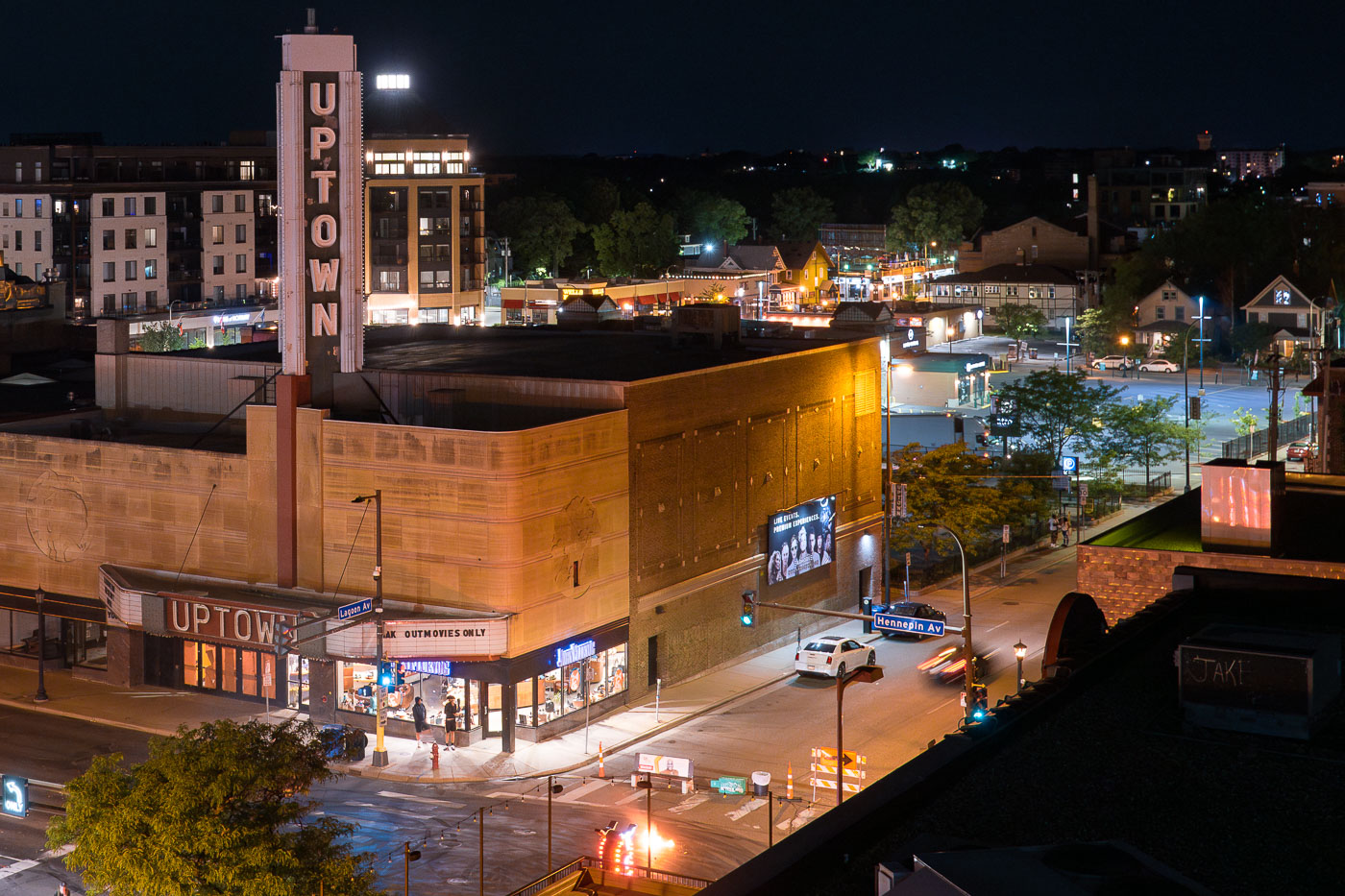 Nighttime view of the Uptown Theater in Minneapolis, Minnesota, on July 8, 2021, during a protest related to the death of Winston Smith.