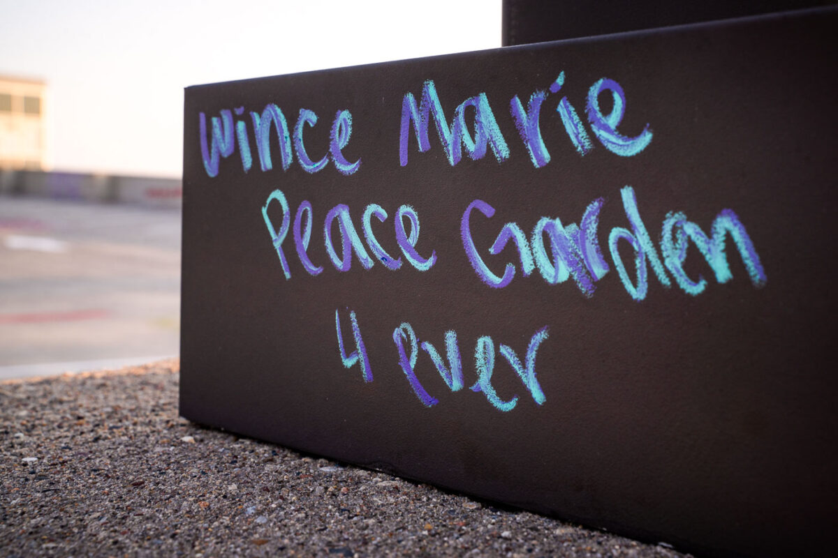 "Wince Marie Peace Garden 4 Ever" written in chalk near where Winston Smith was killed.