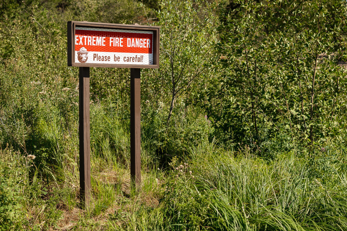 A sign reading "Extreme Fire Danger" "Please be careful!" in the Iron Range in northern Minnesota.