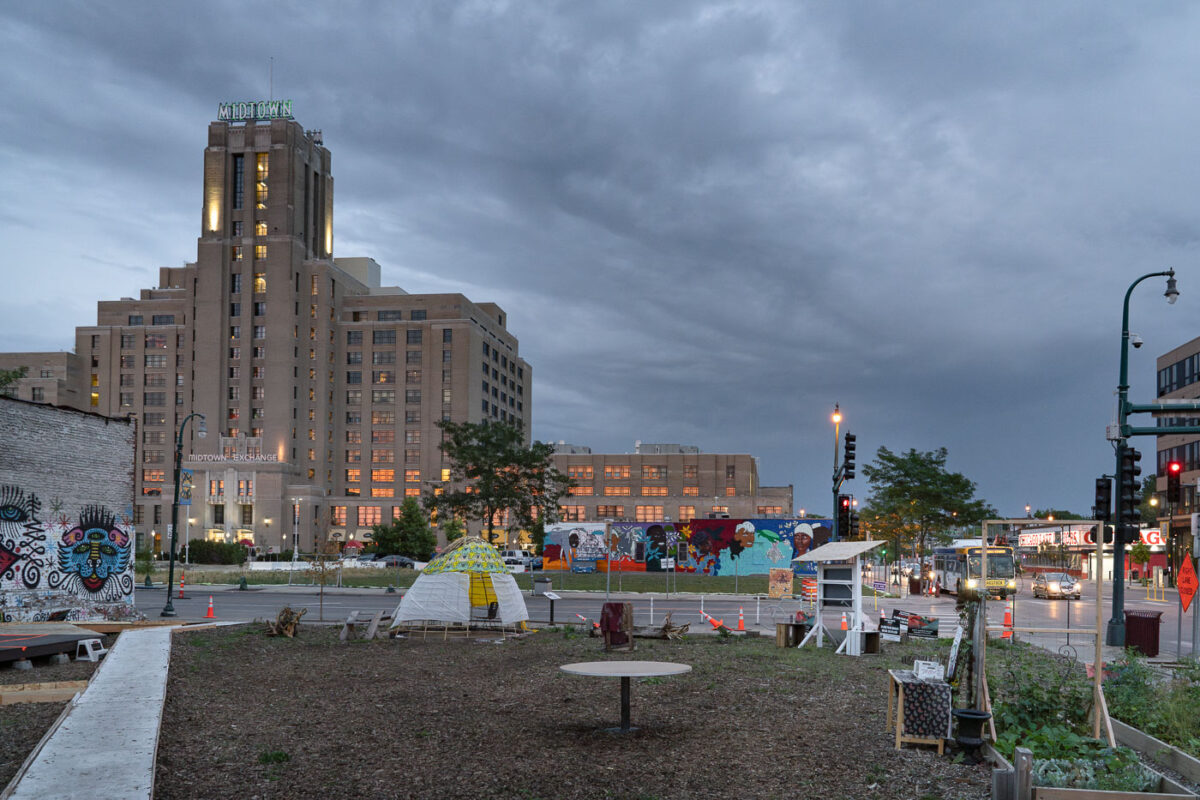 Community space on the corner of Chicago Avenue and Lake Street where variety shows have been held along with the growing of a garden.