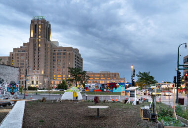 Community space on the corner of Chicago Avenue and Lake Street where variety shows have been held along with the growing of a garden.
