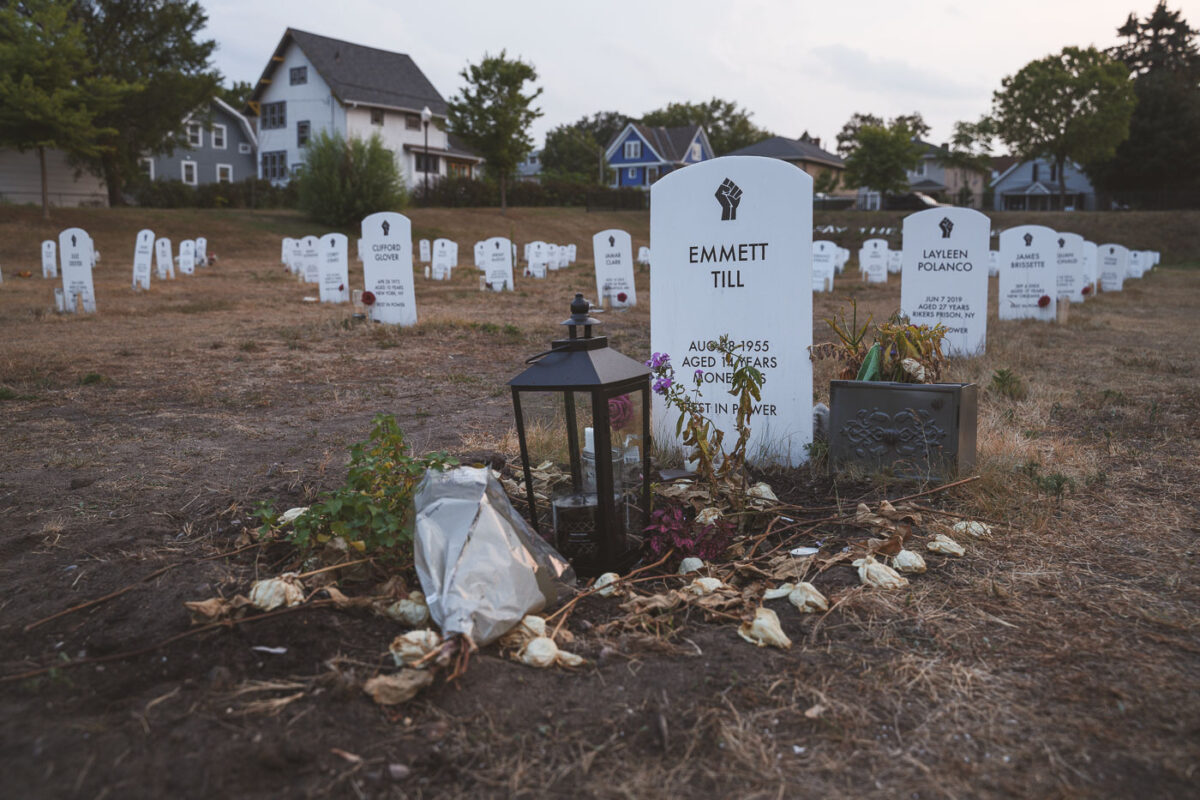 A memorial for Emmett Till at the Say Their Names Memorial near George Floyd Square.