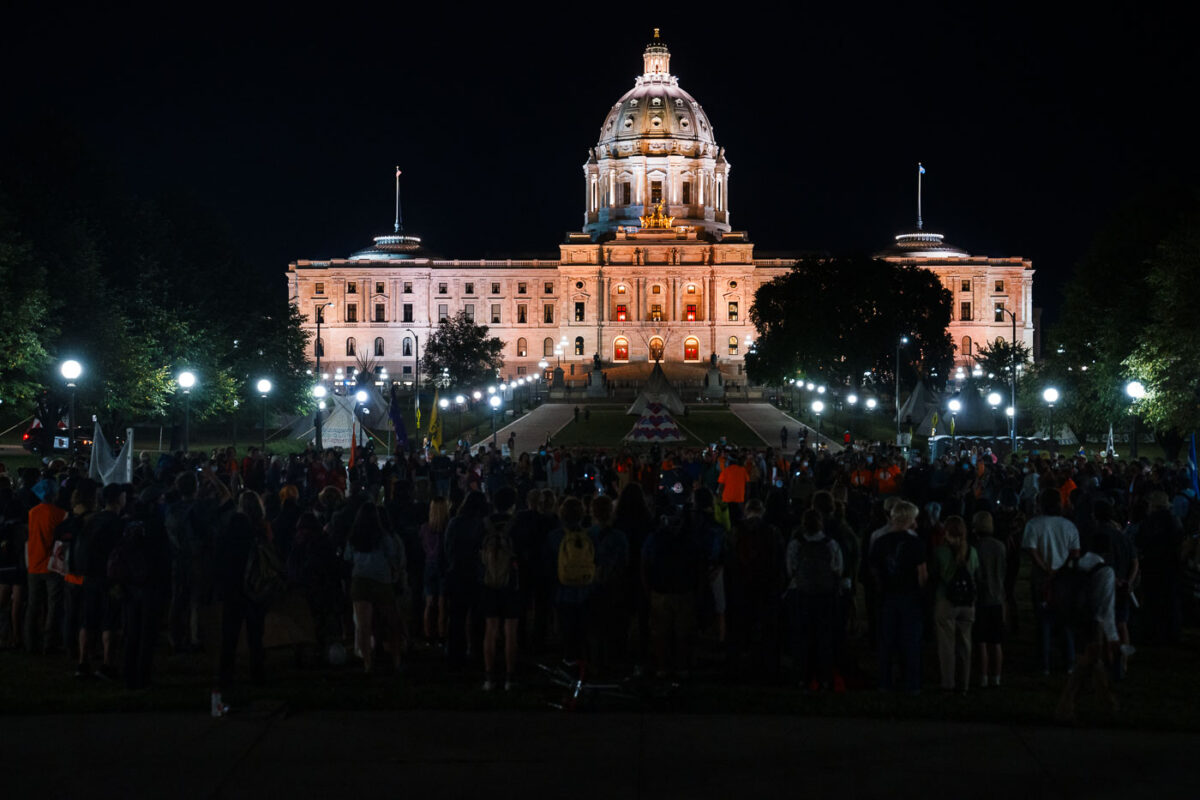 Protesters gathered at the Minnesota State Capitol asking for Governor Walz or President Biden to stop construction on the nearing completion Enbridge Line 3 pipeline in Minnesota.