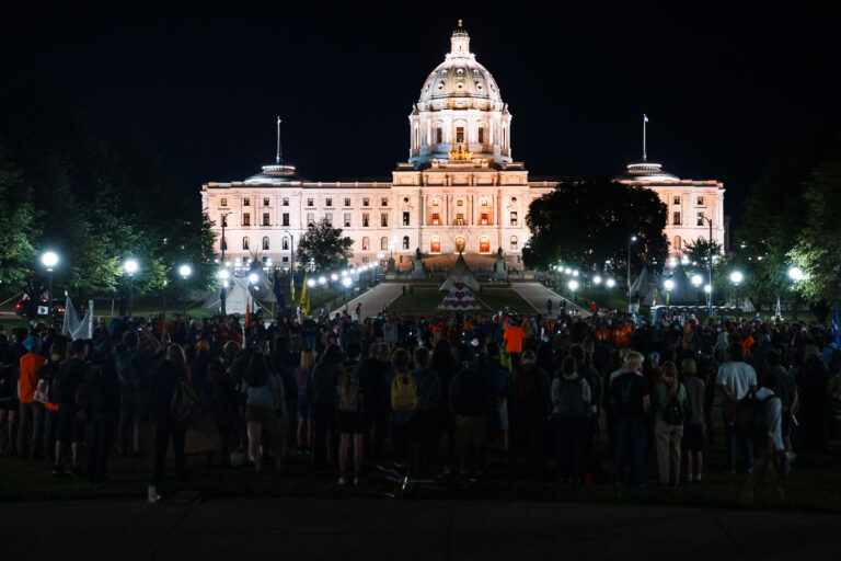 Evening protest at Minnesota State Capitol 1 Protesters gathered at the Minnesota State Capitol asking for Governor Walz or President Biden to stop construction on the nearing completion Enbridge Line 3 pipeline in Minnesota.