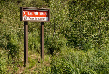 A sign reading "Extreme Fire Danger" "Please be careful!" in the Iron Range in northern Minnesota.