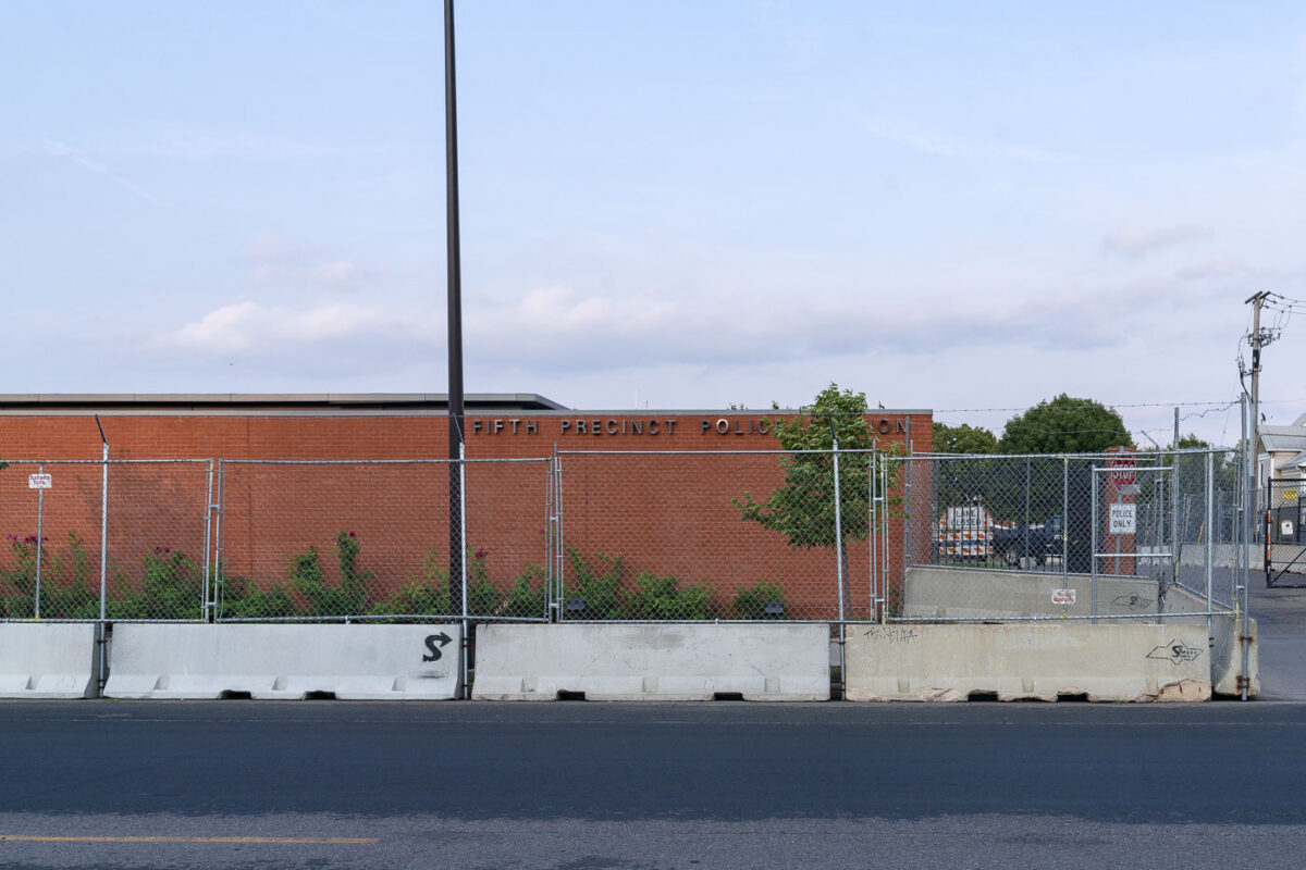 Fencing around the Minneapolis police fifth precinct police station.