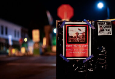 A sign reading "Foot Traffic Only" and "Winston Smith was Assasinated" seen at George Floyd Square in South Minneapolis.