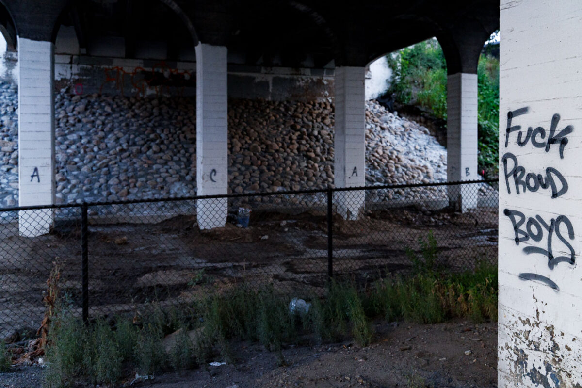 "Fuck Proud Boys" and "ACAB" written under a bridge in South Minneapolis.