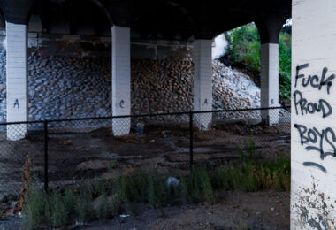 "Fuck Proud Boys" and "ACAB" written under a bridge in South Minneapolis.