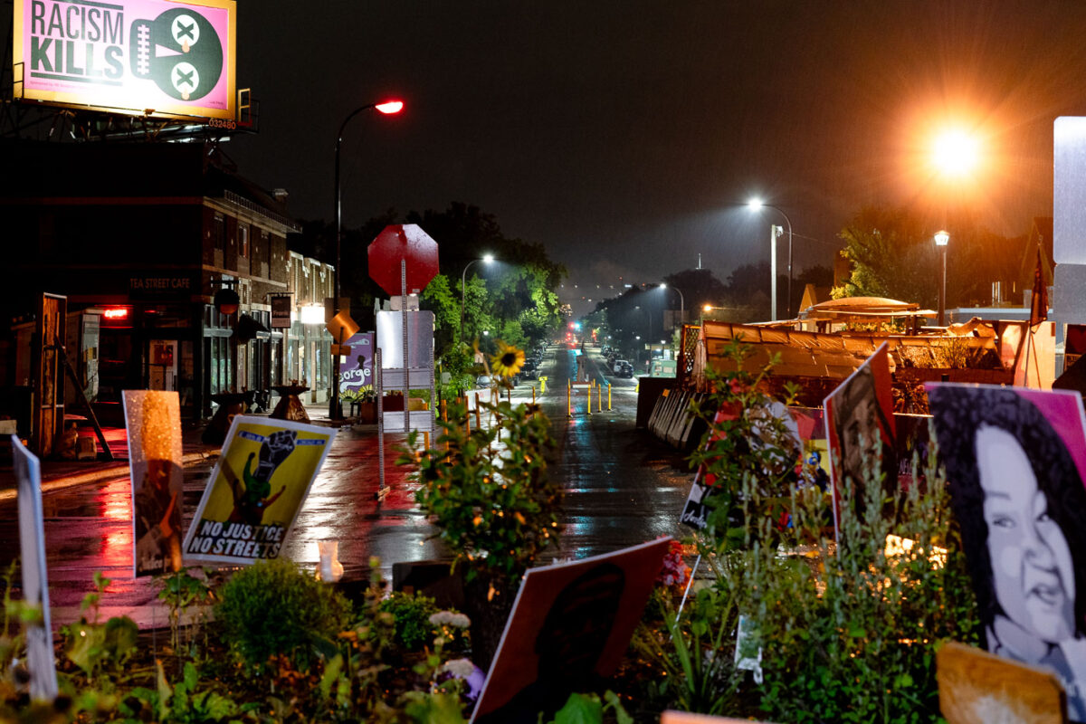 A rainy evening in George Floyd Square looking down Chicago Avenue.