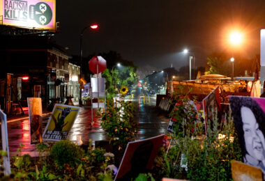 A rainy evening in George Floyd Square looking down Chicago Avenue.
