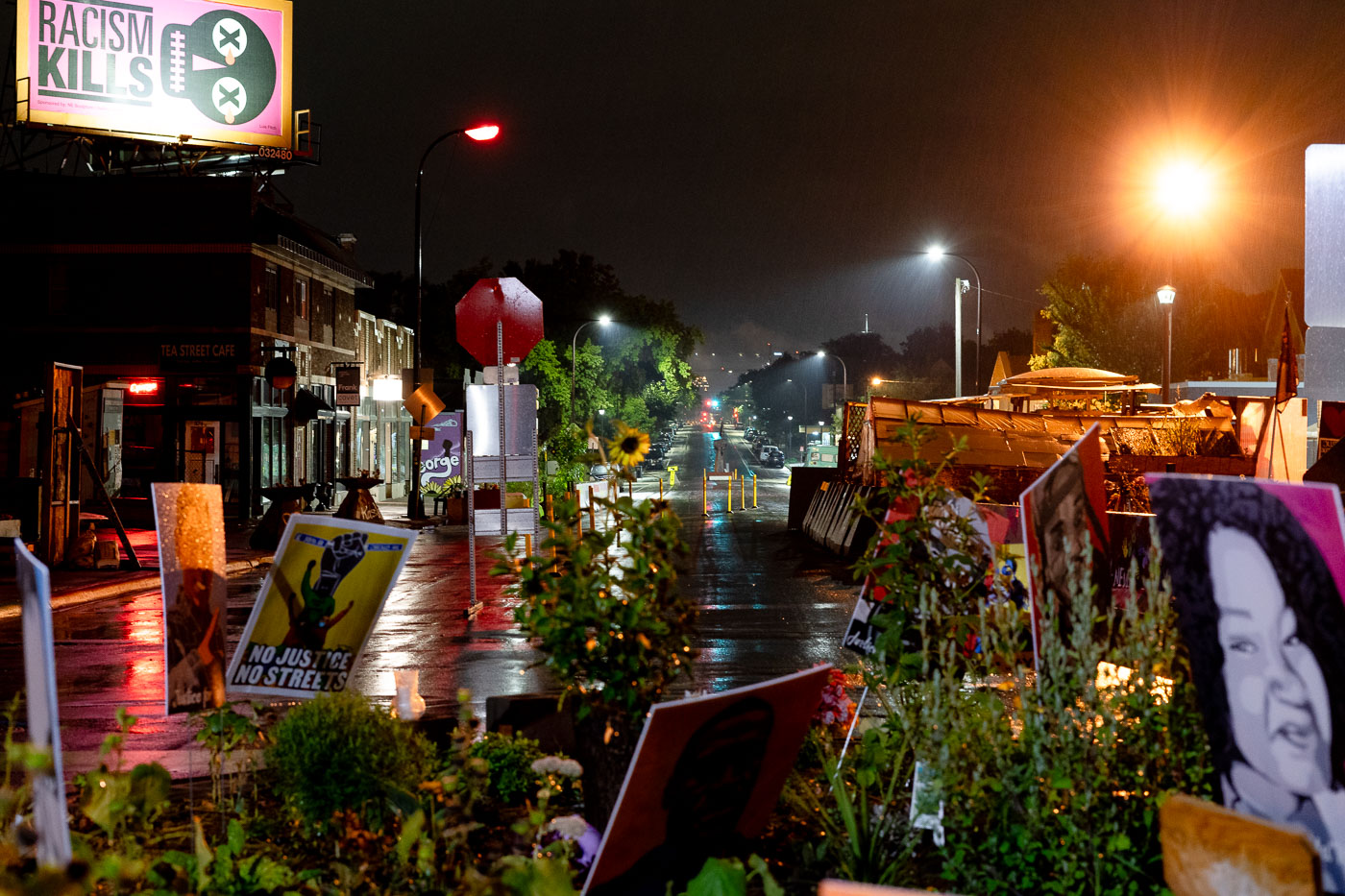 George Floyd Square on a rainy evening