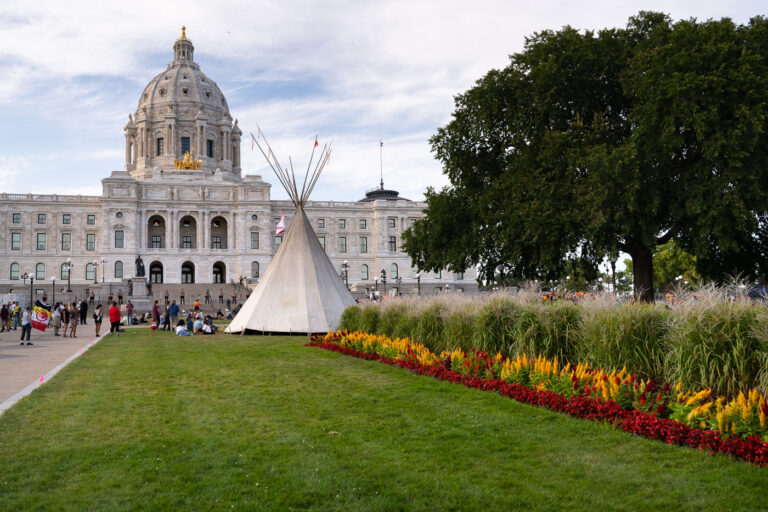 Line 3 protest tents at MN State Capitol 2 Protesters gathered at the Minnesota State Capitol asking for Governor Walz or President Biden to stop construction on the nearing completion Enbridge Line 3 pipeline in Minnesota.