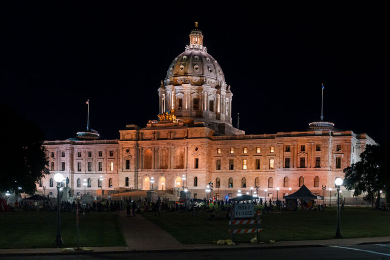 Minnesota State Capitol at night during Line 3 protests 3 Protesters gathered at the Minnesota State Capitol asking for Governor Walz or President Biden to stop construction on the nearing completion Enbridge Line 3 pipeline in Minnesota.