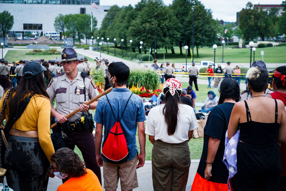 Outside the Minnesota State Capitol today where around a hundred were still holding space in protest against the nearing completion Line 3 pipeline after their permitted event expired. Minnesota Department of Public Safety told the Star Tribune they made 4 arrests.