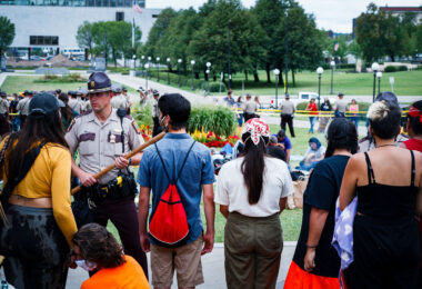 Outside the Minnesota State Capitol today where around a hundred were still holding space in protest against the nearing completion Line 3 pipeline after their permitted event expired. Minnesota Department of Public Safety told the Star Tribune they made 4 arrests.