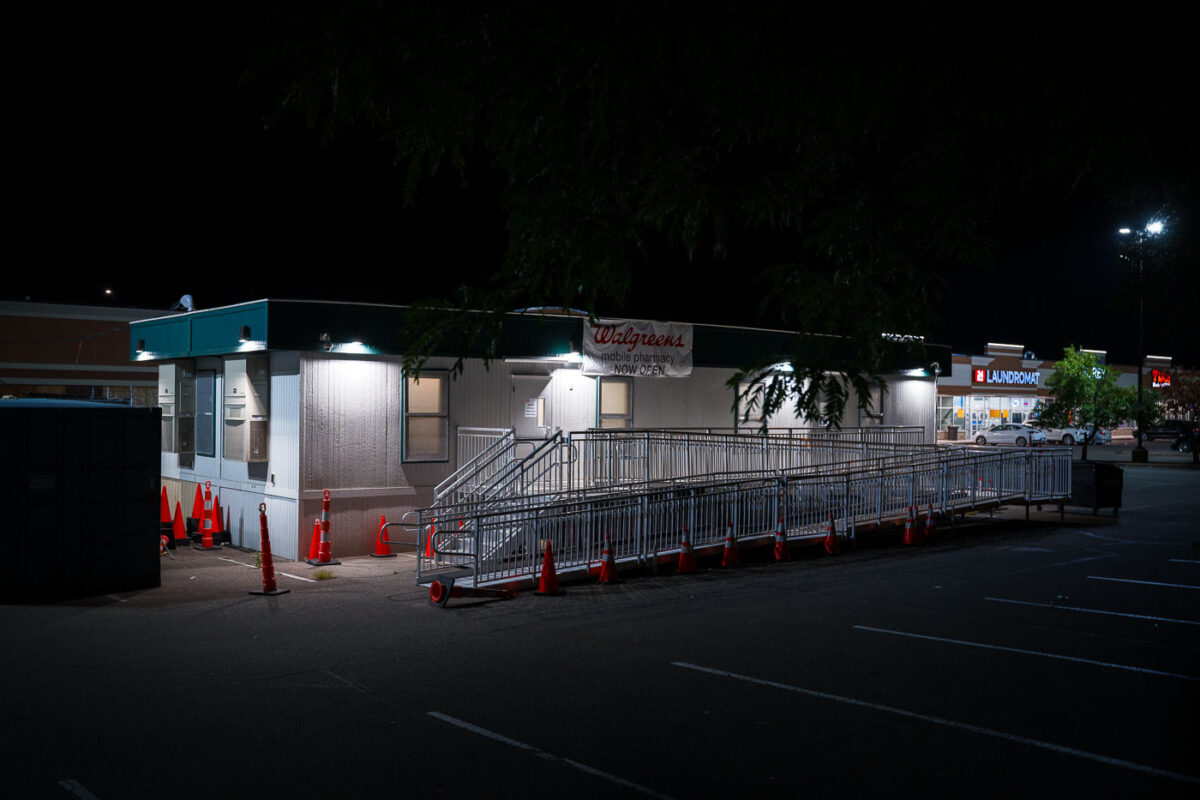 A Mobile Pharmacy outside what will become a new Walgreens store on Lake Street in Minneapolis. Walgreens will move into what was the Office Depot store that was damaged during the Minneapolis Uprising.