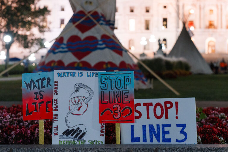 Water is Life Stop Line 3 2 Protesters gathered at the Minnesota State Capitol asking for Governor Walz or President Biden to stop construction on the nearing completion Enbridge Line 3 pipeline in Minnesota.