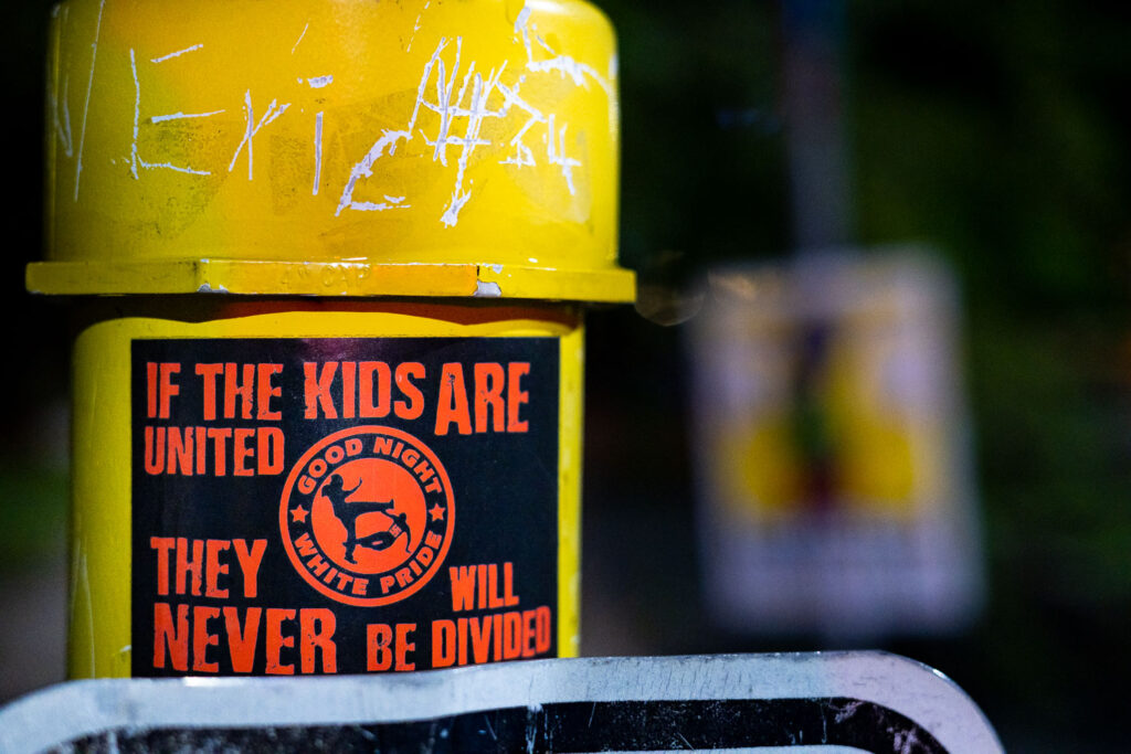 A sticker reading "If the kids are united they never will be divided" found in South Minneapolis.