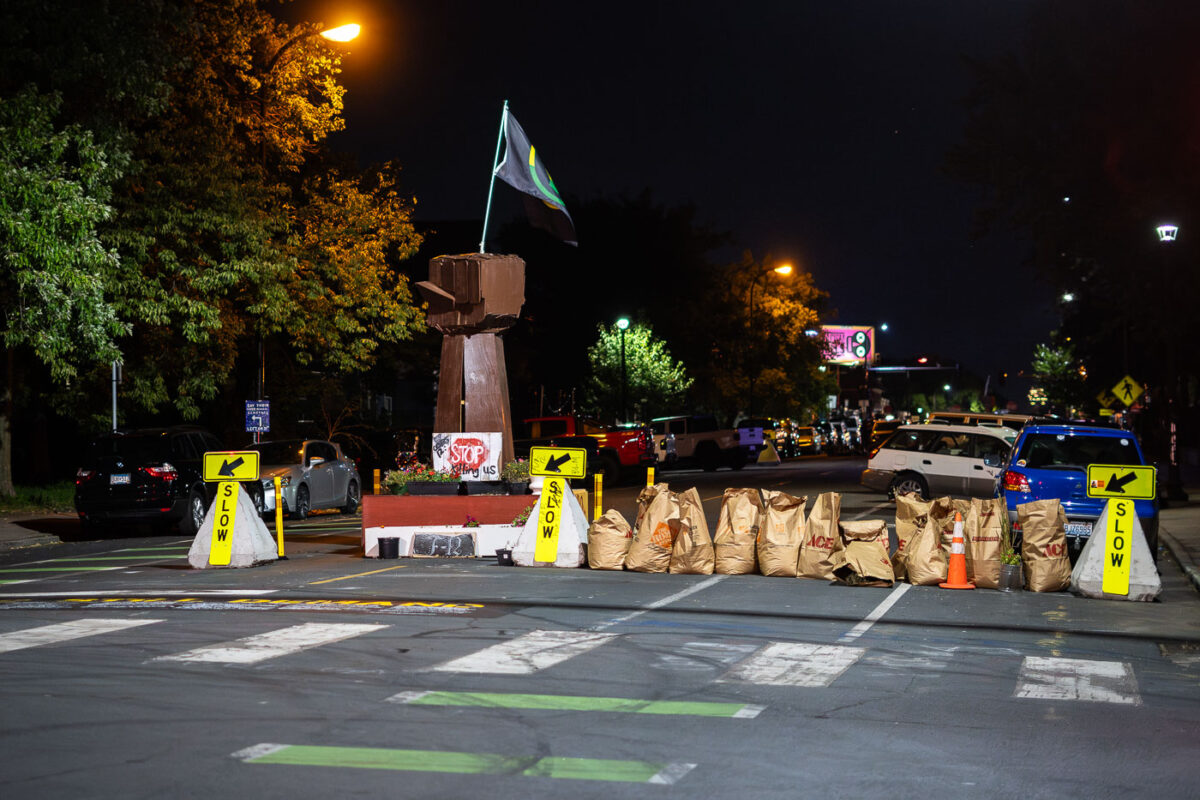 Street barricade bags at George Floyd Square