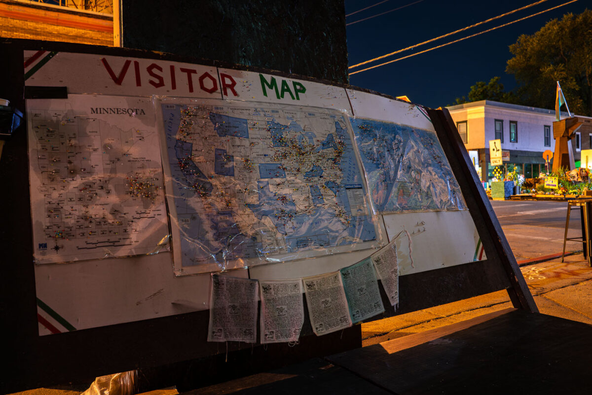 A map with pins signifying the locations of those who have visited the square.