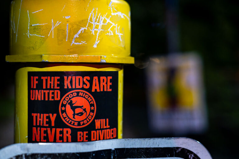 Good Night White Pride Sticker in Minneapolis 2 A sticker reading "If the kids are united they never will be divided" found in South Minneapolis.