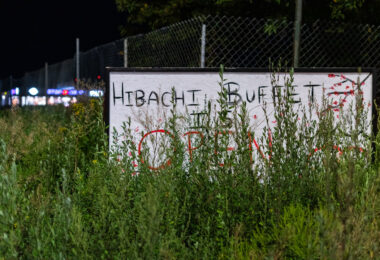A sign saying Hibachi Buffet is open behind tall grass in South Minneapolis.