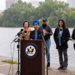 U.S. Rep Ilhan Omar, Ayanna Pressley, Rashida Tlaib, and Cori Bush speak at the Mississippi River in Minneapolis asking for President Biden to stop Line 3 pipeline construction.