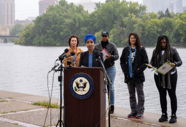 U.S. Rep Ilhan Omar, Ayanna Pressley, Rashida Tlaib, and Cori Bush speak at the Mississippi River in Minneapolis asking for President Biden to stop Line 3 pipeline construction.
