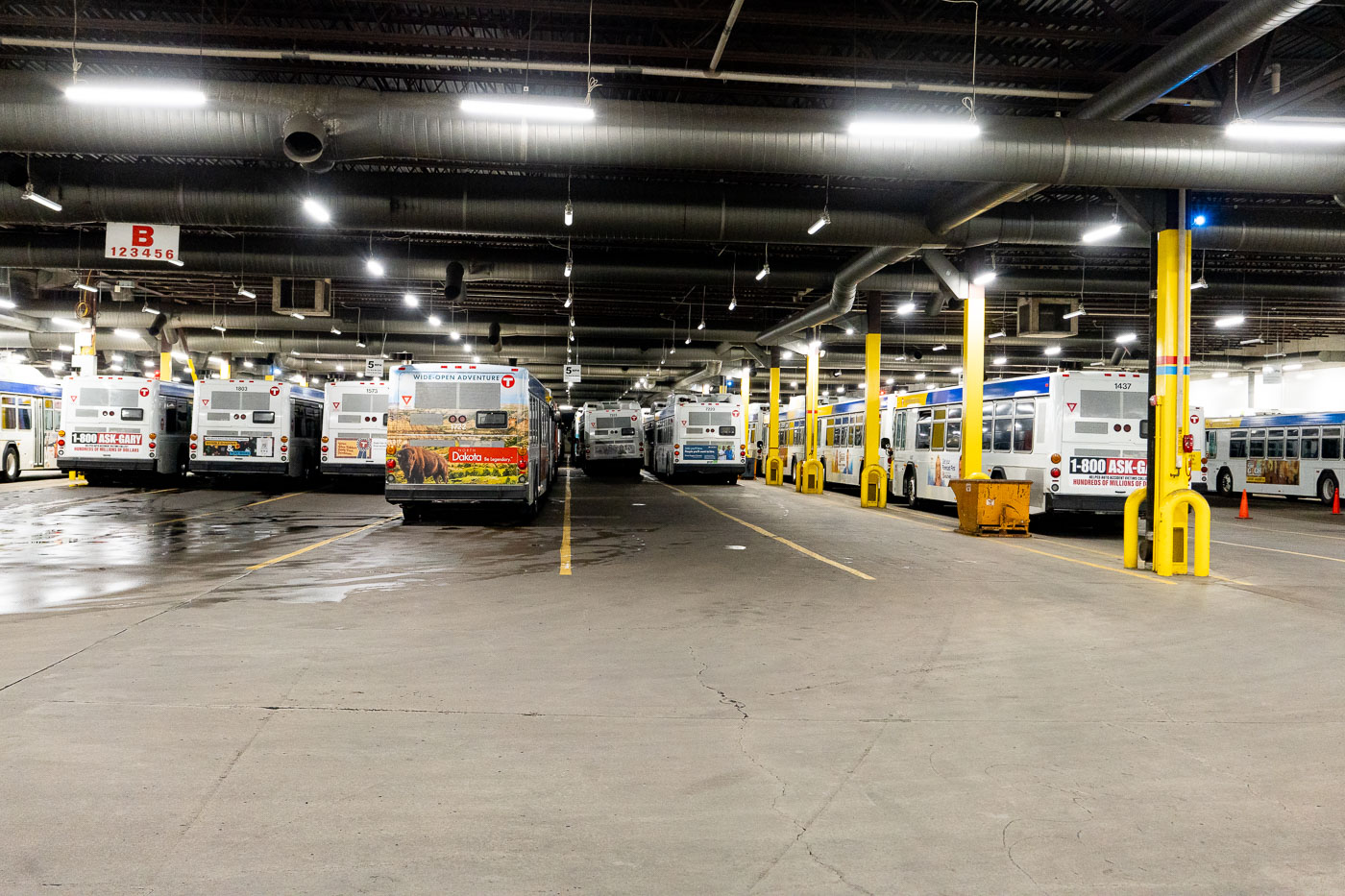 Metro Transit buses are parked in a depot in Minneapolis, part of the public transportation system serving the Twin Cities.