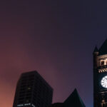 September fog and the Minneapolis City Hall clock tower in Downtown Minneapolis.