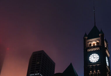 September fog and the Minneapolis City Hall clock tower in Downtown Minneapolis.
