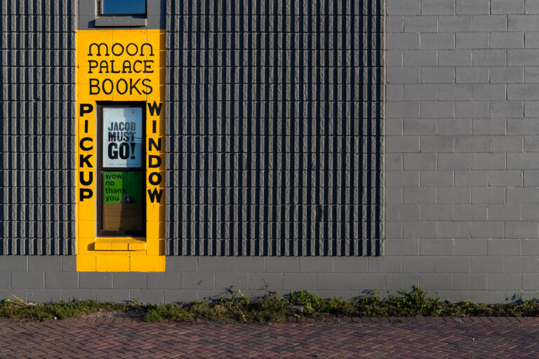 Moon Palace Books Pickup Window, South Minneapolis 4 Moon Palace Books Jacob Must Go sign