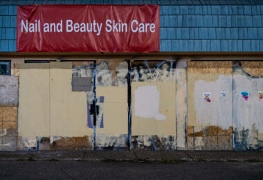 Nail and Beauty Skin Care with boards as seen in South Minneapolis. Sign that reads "We are remodeling".