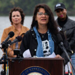 U.S. Rep Ilhan Omar, Ayanna Pressley, Rashida Tlaib, and Cori Bush speak at the Mississippi River in Minneapolis asking for President Biden to stop Line 3 pipeline construction.