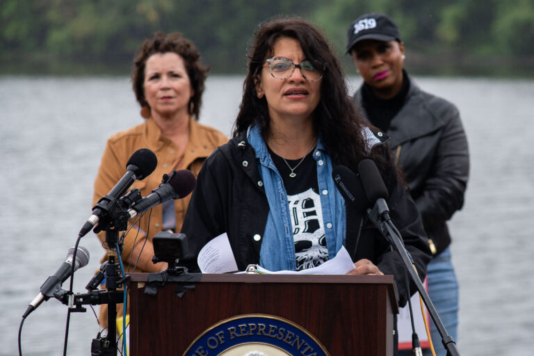 Rashida Tlaib in Minneapolis 2 U.S. Rep Ilhan Omar, Ayanna Pressley, Rashida Tlaib, and Cori Bush speak at the Mississippi River in Minneapolis asking for President Biden to stop Line 3 pipeline construction.