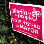 Sheila Nezhad for Mayor Yard Sign 1 A Sheila Nezhad yard sign in South Minneapolis on a rainy evening.