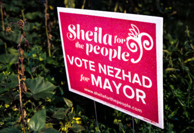 A Sheila Nezhad yard sign in South Minneapolis on a rainy evening.