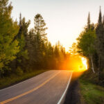 A stretch of forest road in Superior National Forest glows with intense backlight as the sun drops behind the pines, illuminating early-autumn leaves and sending a warm haze across the pavement. This part of the forest lies within the vast Northwoods region of northeastern Minnesota, where mixed stands of birch, aspen, and conifers line quiet two-lane roads leading toward trailheads, lakes, and remote campgrounds. The soft golden light, drifting insects, and dense treeline capture the transition from late summer to fall in one of Minnesota’s most expansive public landscapes—an area managed for recreation, wildlife habitat, and long-term conservation.