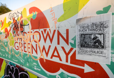 A sign leading to the Midtown Greenway in South Minneapolis.
