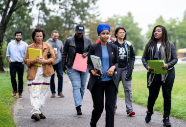 U.S. Rep Ilhan Omar, Ayanna Pressley, Rashida Tlaib, and Cori Bush speak at the Mississippi River in Minneapolis asking for President Biden to stop Line 3 pipeline construction.