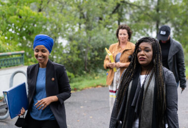 U.S. Rep Ilhan Omar, Ayanna Pressley, Rashida Tlaib, and Cori Bush speak at the Mississippi River in Minneapolis asking for President Biden to stop Line 3 pipeline construction.